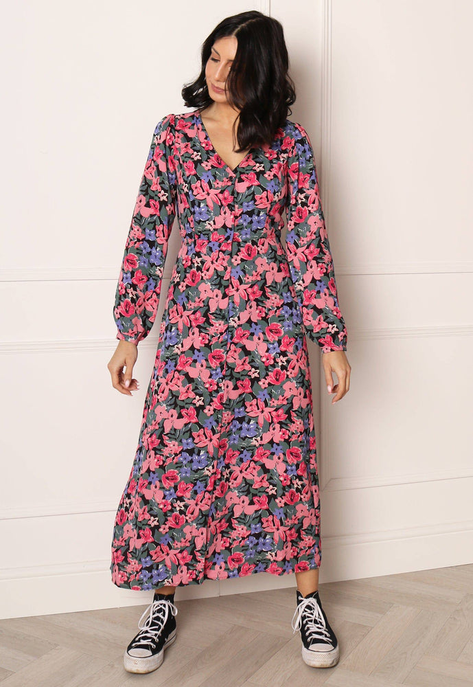 ONLY Alma Floral Print Button Through Long Sleeve Midaxi Dress in Pink & Black - One Nation Clothing