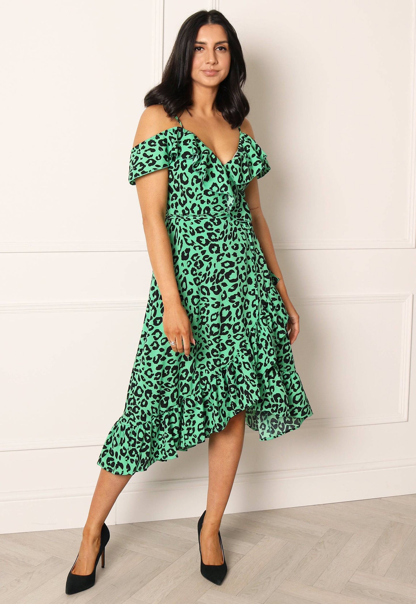 
                  
                    Leopard Print Cold Shoulder Frill Wrap Midi Dress in Green - One Nation Clothing
                  
                