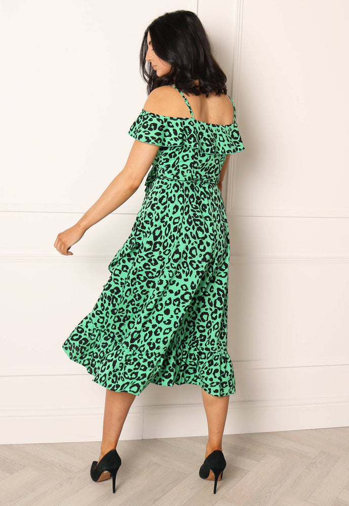 Leopard Print Cold Shoulder Frill Wrap Midi Dress in Green - One Nation Clothing