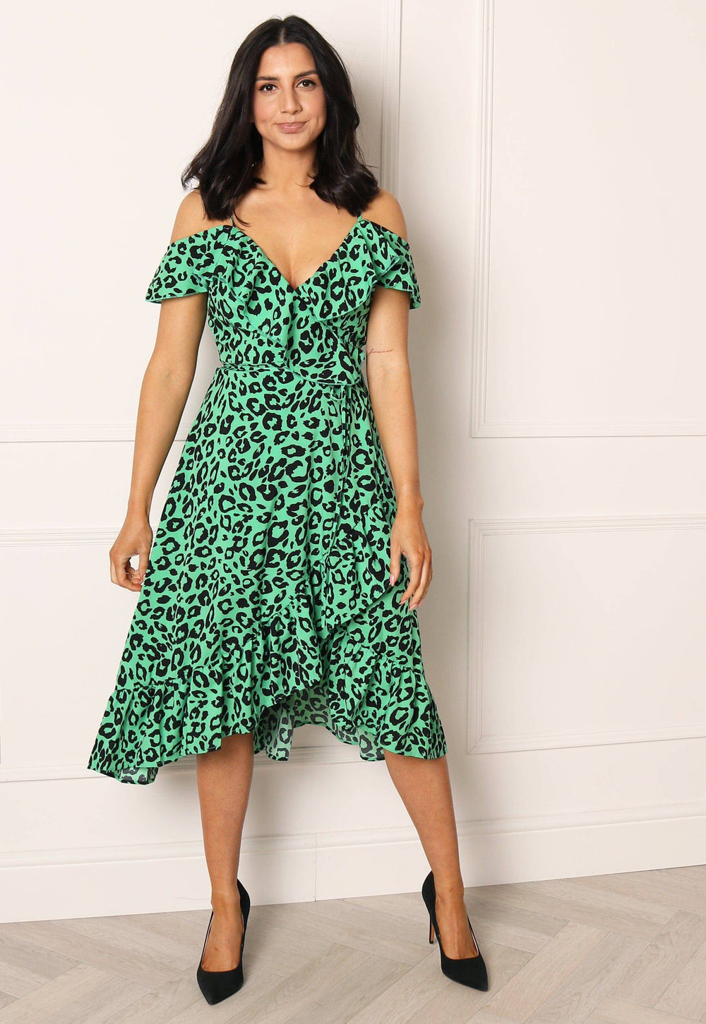 Leopard Print Cold Shoulder Frill Wrap Midi Dress in Green - One Nation Clothing