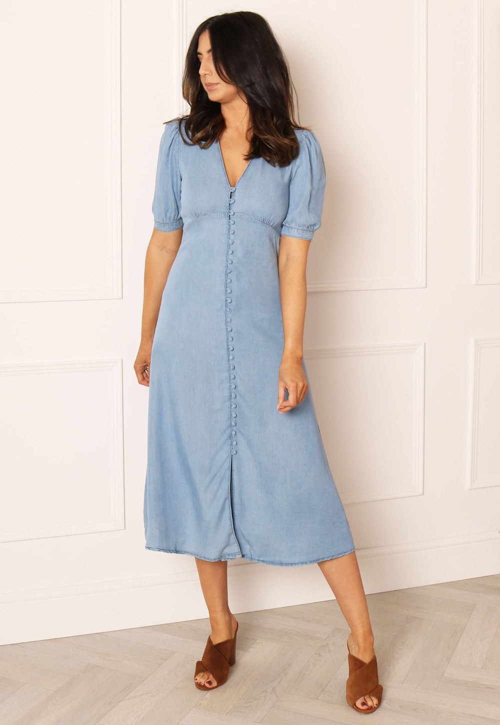 ONLY Daisy Tencel Denim Button Midi Tea Dress in Blue