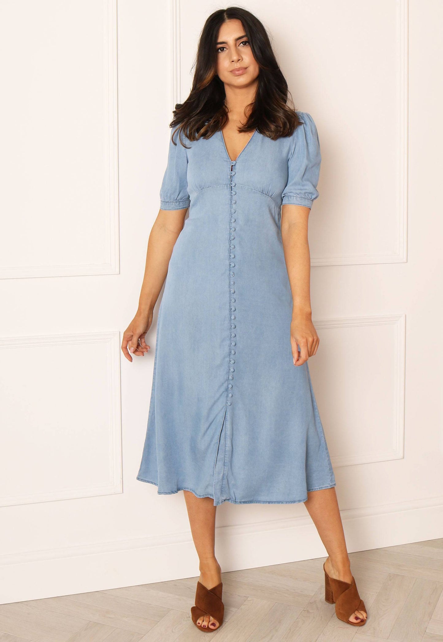 ONLY Daisy Tencel Denim Button Midi Tea Dress in Blue - One Nation Clothing