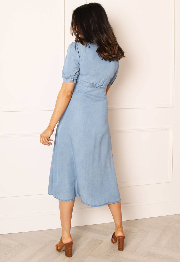 ONLY Daisy Tencel Denim Button Midi Tea Dress in Blue - One Nation Clothing