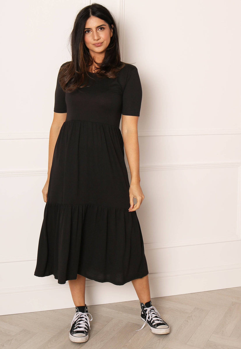 JDY Tiered Jersey Midi Summer Dress in Black | One Nation Clothing JDY ...