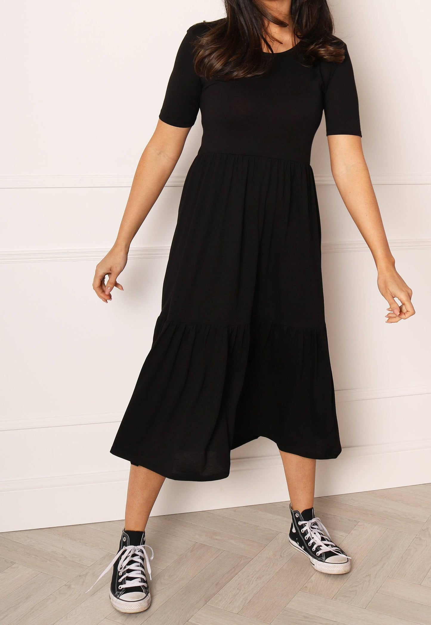 JDY Tiered Jersey Midi Summer Dress in Black | One Nation Clothing JDY  Tiered Jersey Midi Summer Dress in Black