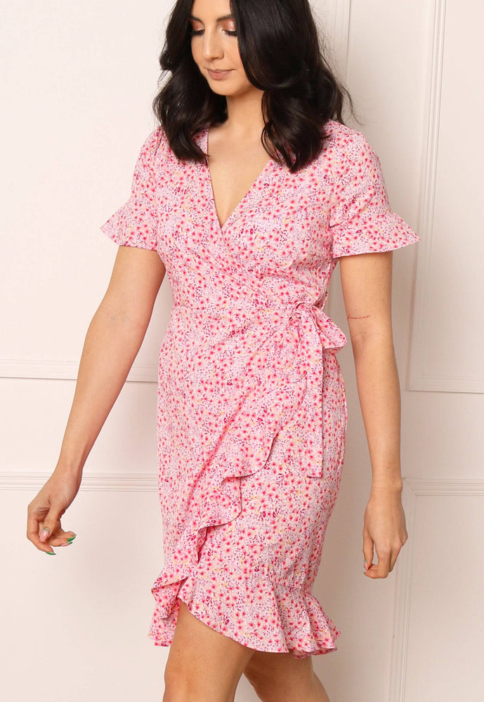 VERO MODA Henna Ditsy Floral Print Mini Frill Wrap Dress in Pink - One Nation Clothing