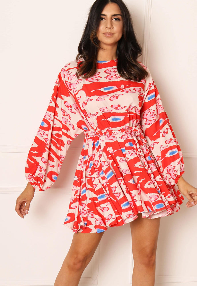 Ikat Print Panelled Flippy Mini Dress with Belt in Red, Blue & White - One Nation Clothing