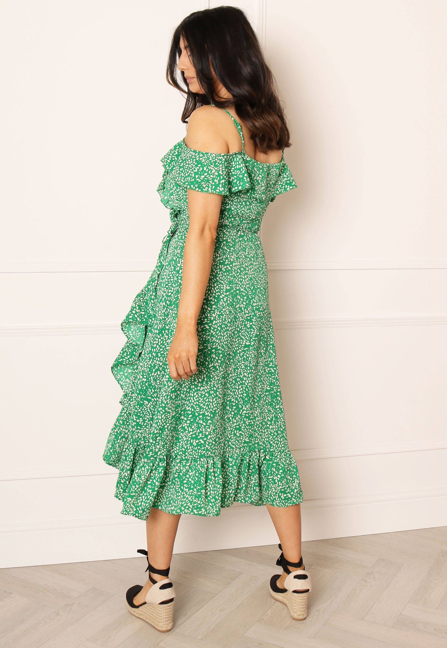 
                  
                    Printed Cold Shoulder Frill Wrap Midi Dress in Green & White - One Nation Clothing
                  
                