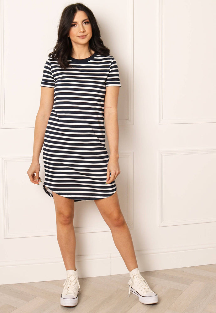 
                  
                    JDY Stripe T-shirt Summer Dress with Curve Hem in Navy & White - One Nation Clothing
                  
                