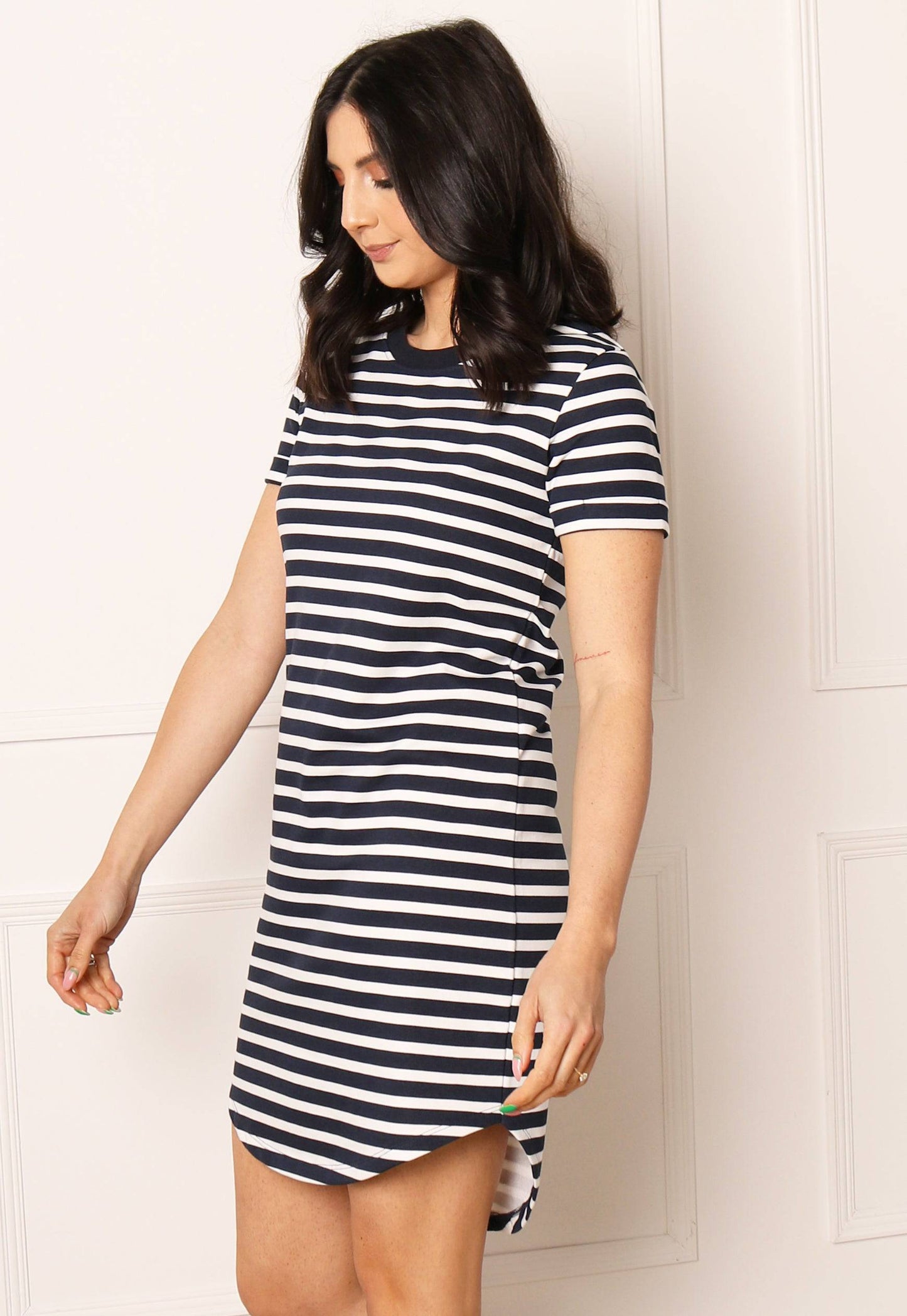 JDY Stripe T-shirt Summer Dress with Curve Hem in Navy & White - One Nation Clothing