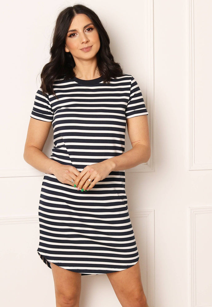 JDY Stripe T-shirt Summer Dress with Curve Hem in Navy & White - One Nation Clothing