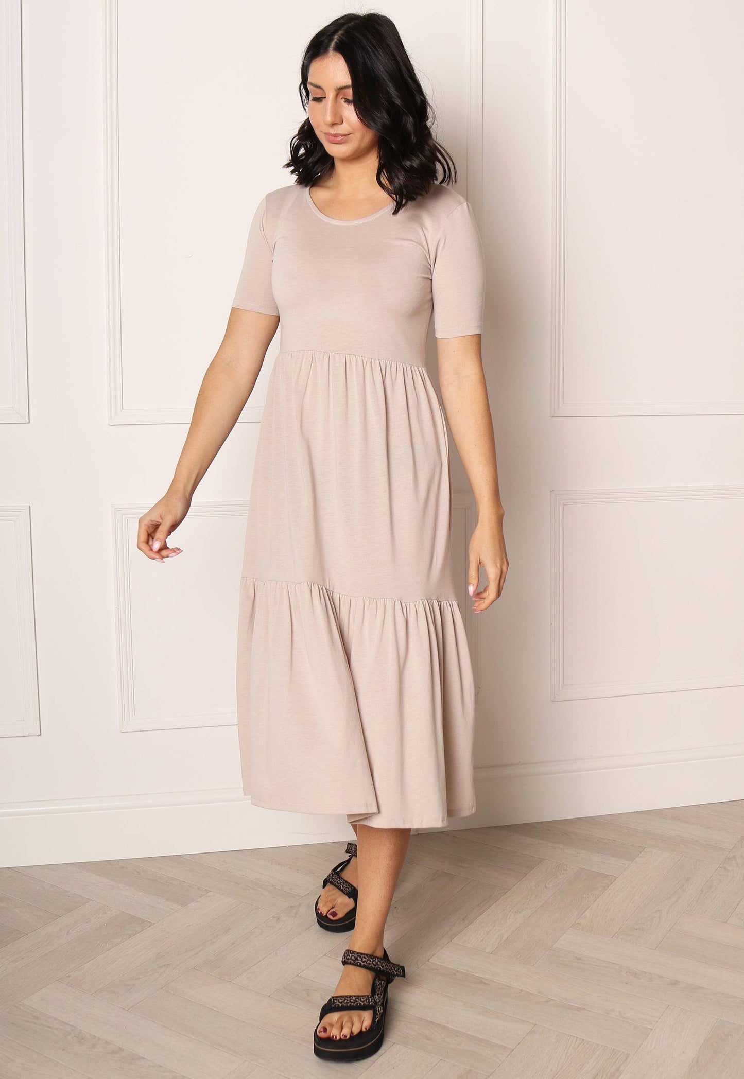 
                  
                    JDY Tiered Jersey Midi Summer Dress in Soft Beige - One Nation Clothing
                  
                