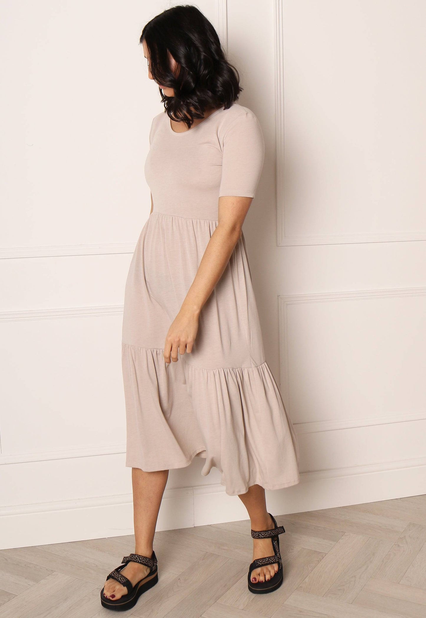 JDY Tiered Jersey Midi Summer Dress in Soft Beige - One Nation Clothing