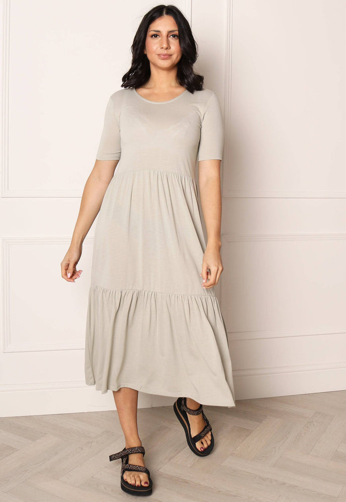 JDY Tiered Jersey Midi Summer Dress in Soft Green - One Nation Clothing