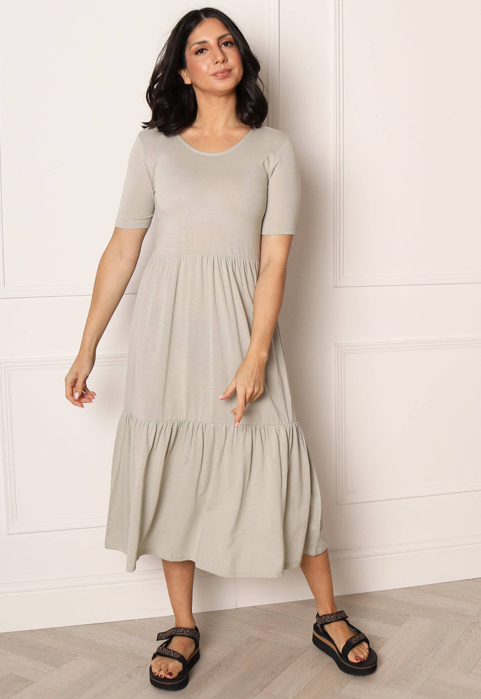 JDY Tiered Jersey Midi Summer Dress in Soft Green - One Nation Clothing