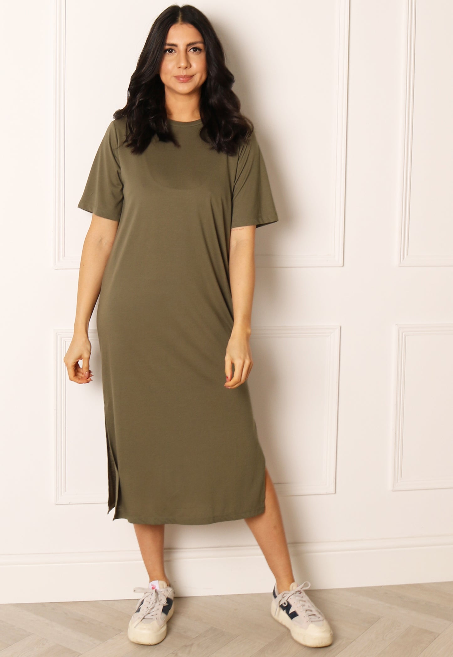 JDY Lila Midi T-shirt Dress with Side Splits in Khaki Green - One Nation Clothing