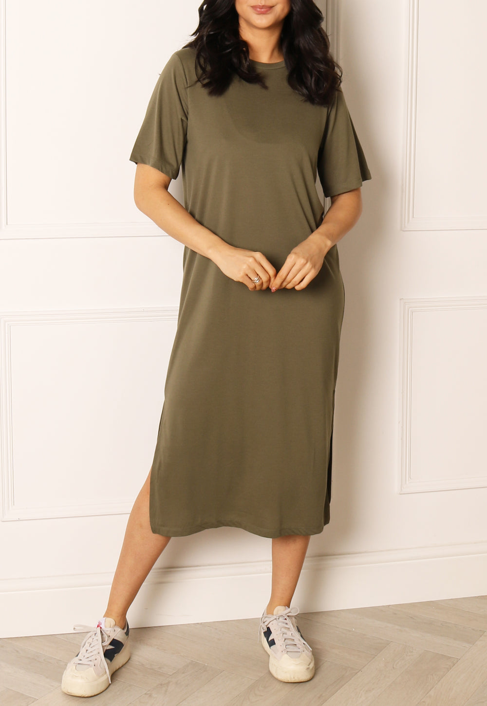 JDY Lila Midi T-shirt Dress with Side Splits in Khaki Green - One Nation Clothing