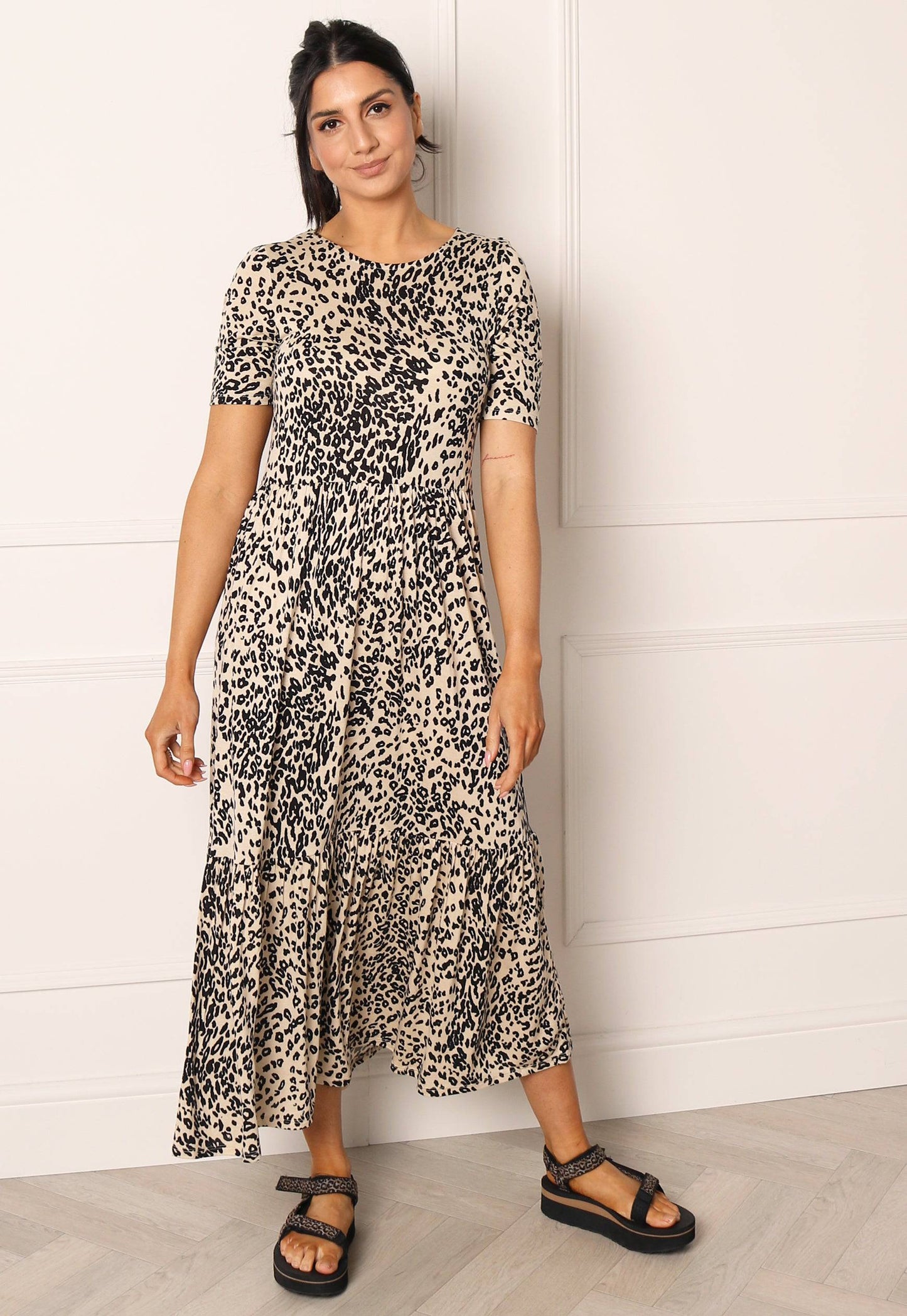 VERO MODA Mitsi Leopard Print Tiered Jersey Midi Summer Dress in Beige & Black - One Nation Clothing