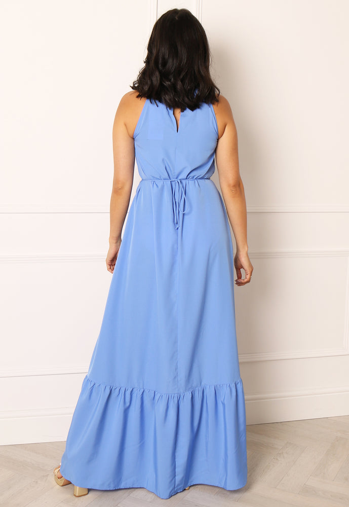 ONLY Laura High Halter Neck Floaty Maxi Dress in Blue - One Nation Clothing