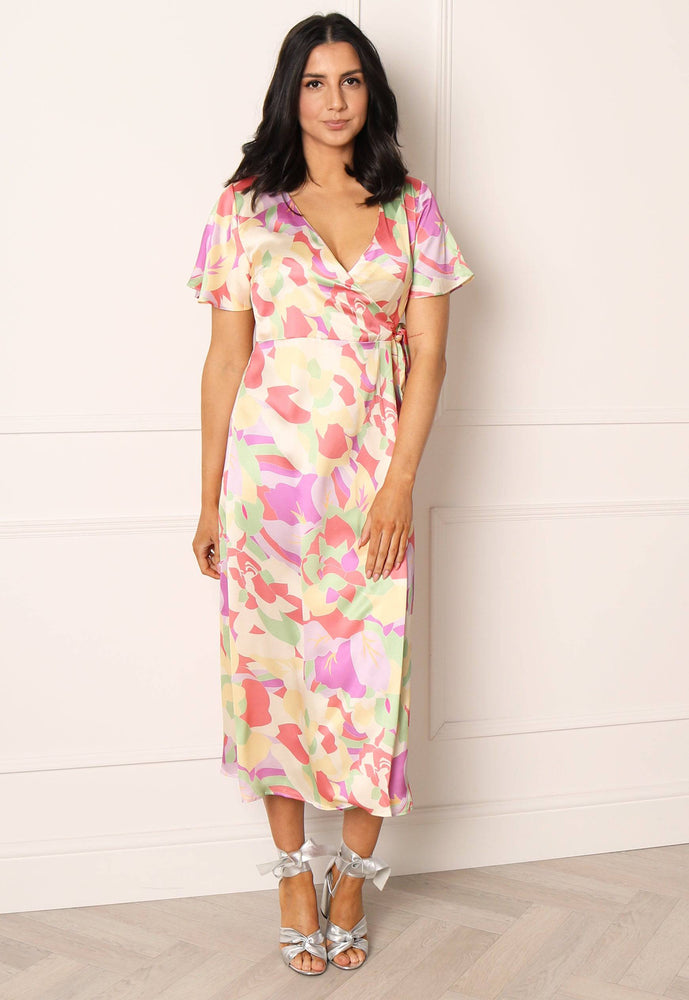Printed Short Sleeve Satin Wrap Midi Dress in Pastel Pink & Yellow Floral - One Nation Clothing