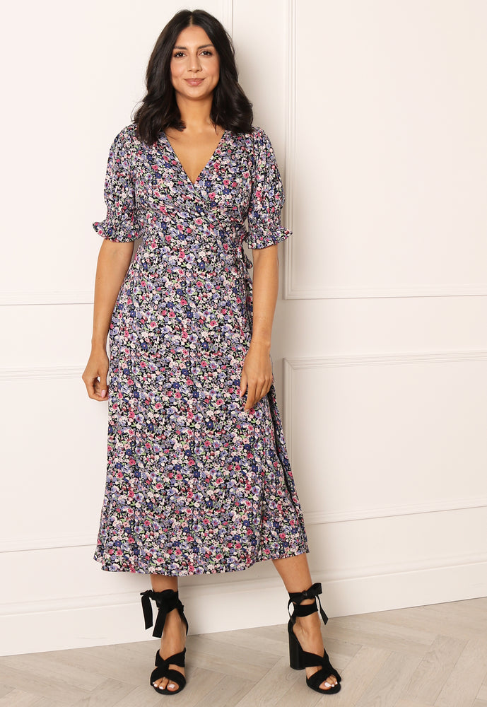 
                  
                    PIECES Nika Ditsy Floral Print Midi Wrap Dress in Blue, Pink & Black - One Nation Clothing
                  
                