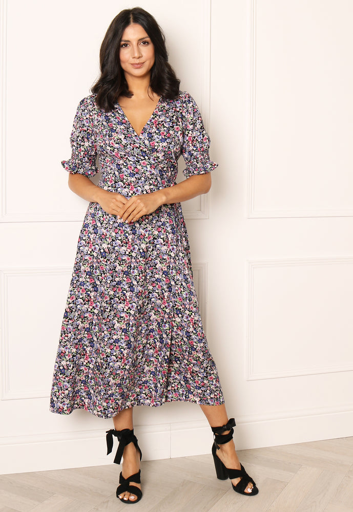 PIECES Nika Ditsy Floral Print Midi Wrap Dress in Blue, Pink & Black - One Nation Clothing
