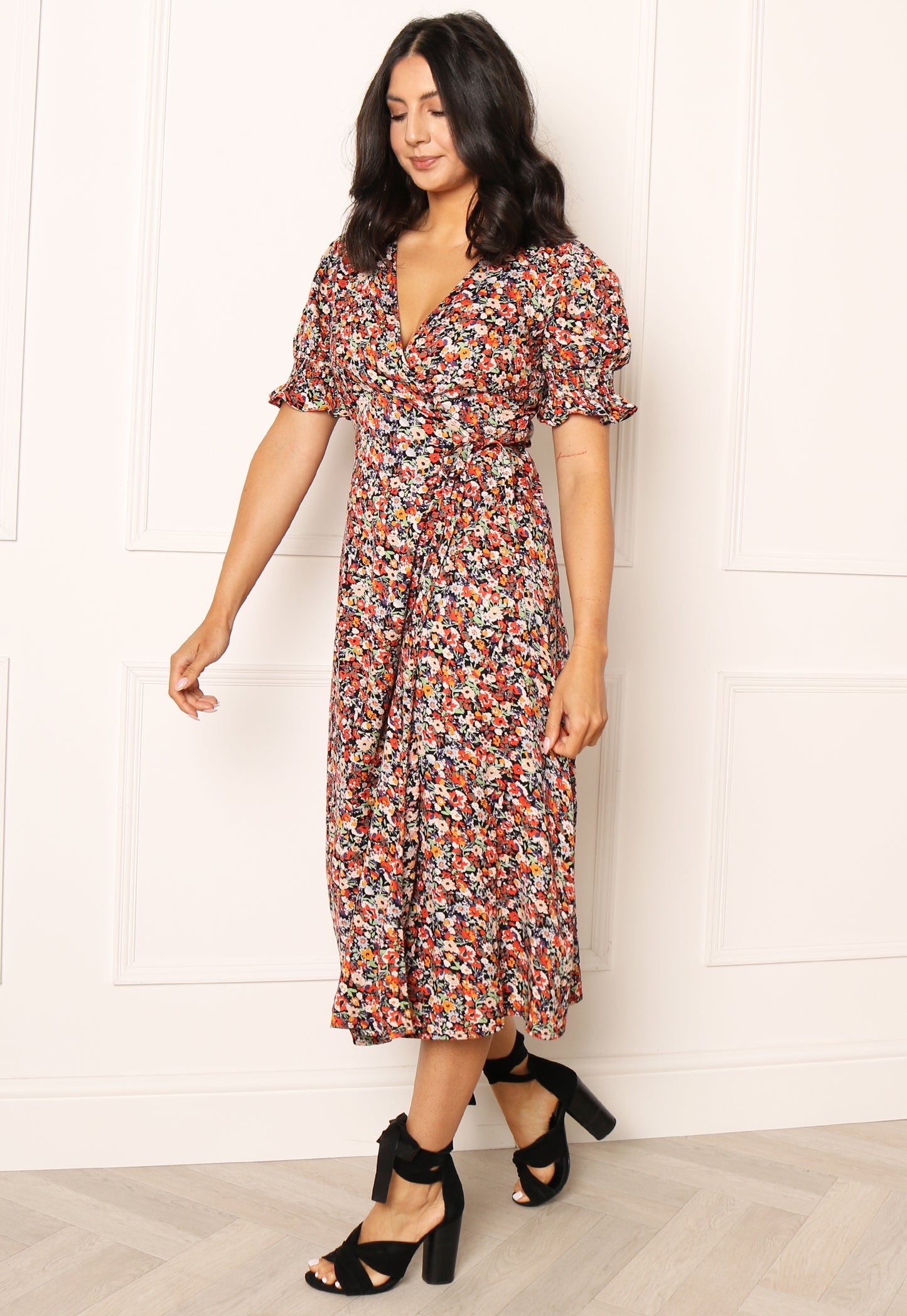 PIECES Nika Ditsy Floral Print Midi Wrap Dress in Red, Orange & Black - One Nation Clothing