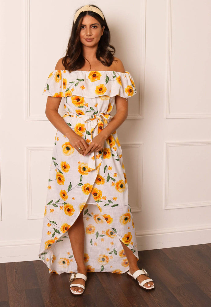 
                  
                    Sunflower Print Frill Off The Shoulder Bandeau Maxi Dress with Wrap Skirt in White & Yellow - One Nation Clothing
                  
                