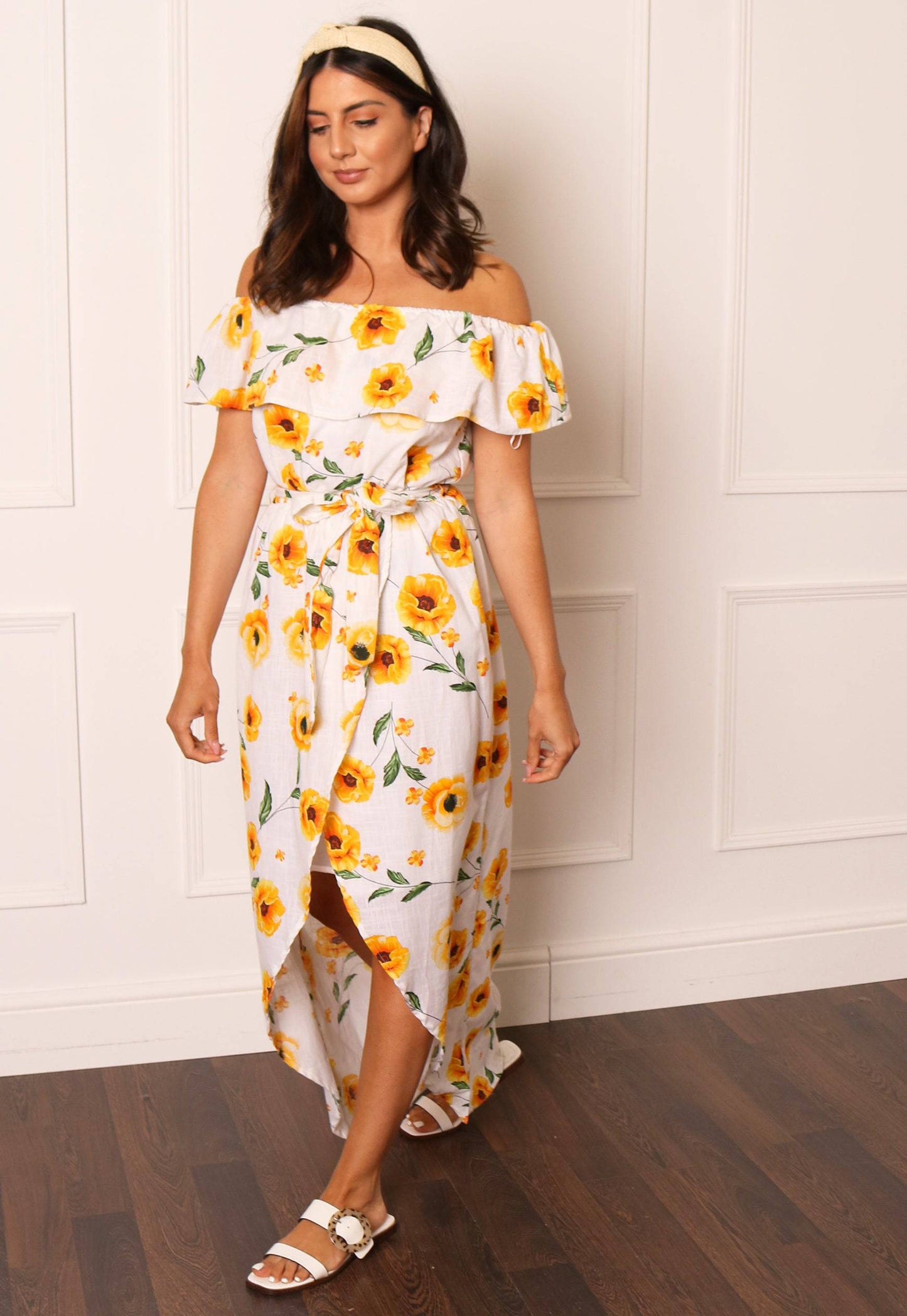 
                  
                    Sunflower Print Frill Off The Shoulder Bandeau Maxi Dress with Wrap Skirt in White & Yellow - One Nation Clothing
                  
                