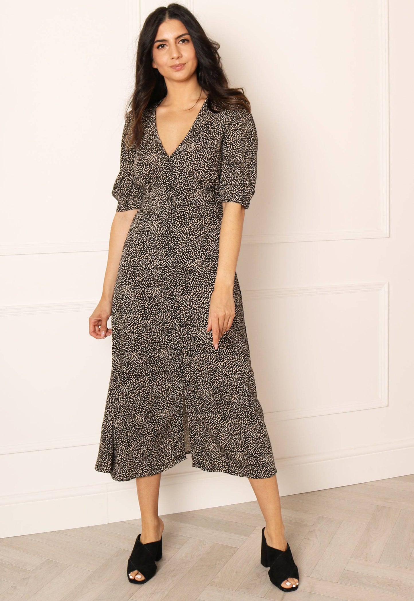 ONLY Alice Printed Button Midi Tea Dress in Black & Cream - One Nation Clothing