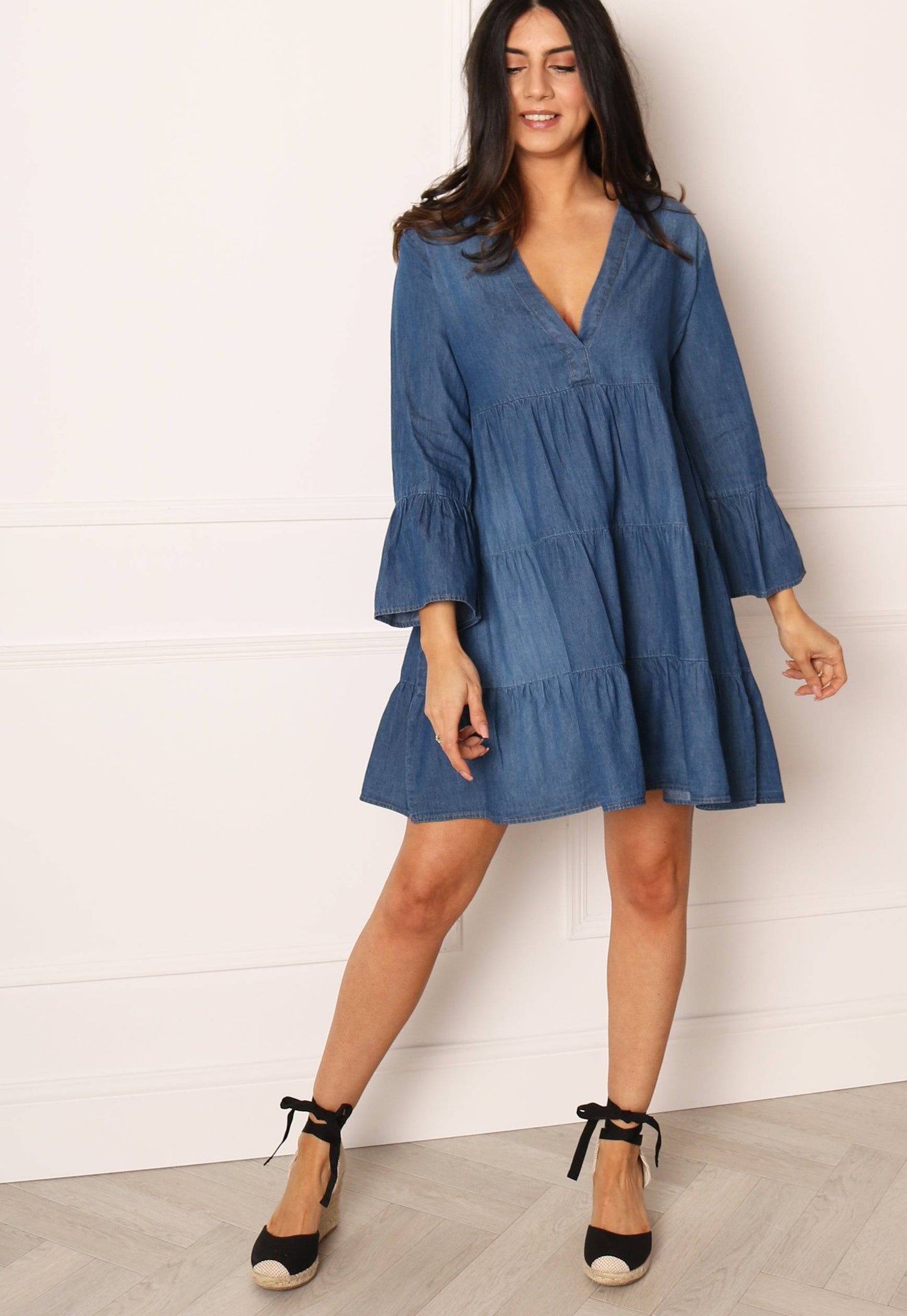 JDY Saint Denim Relaxed Smock Tunic Mini Dress in Mid Blue - One Nation Clothing