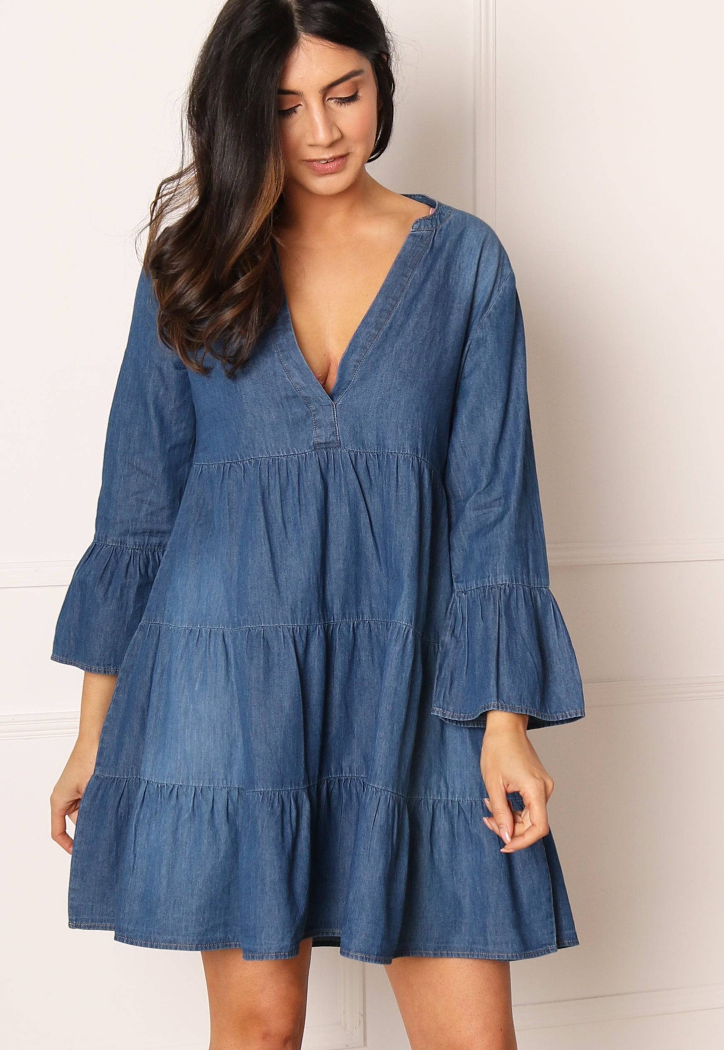 JDY Saint Denim Relaxed Smock Tunic Mini Dress in Mid Blue - One Nation Clothing