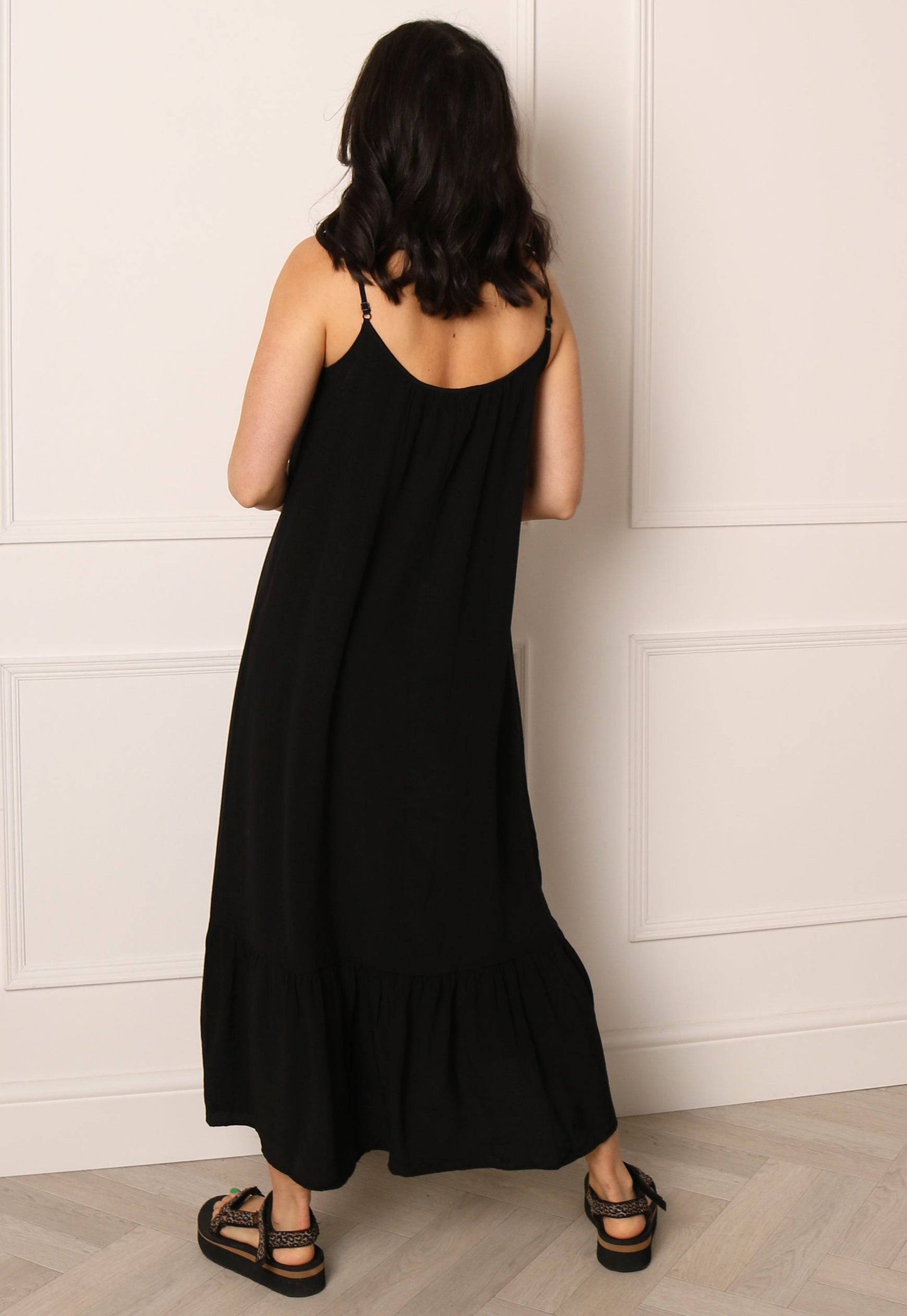 ONLY Missy Strappy Frill Hem Loose Fit Midi Dress in Black - One Nation Clothing
