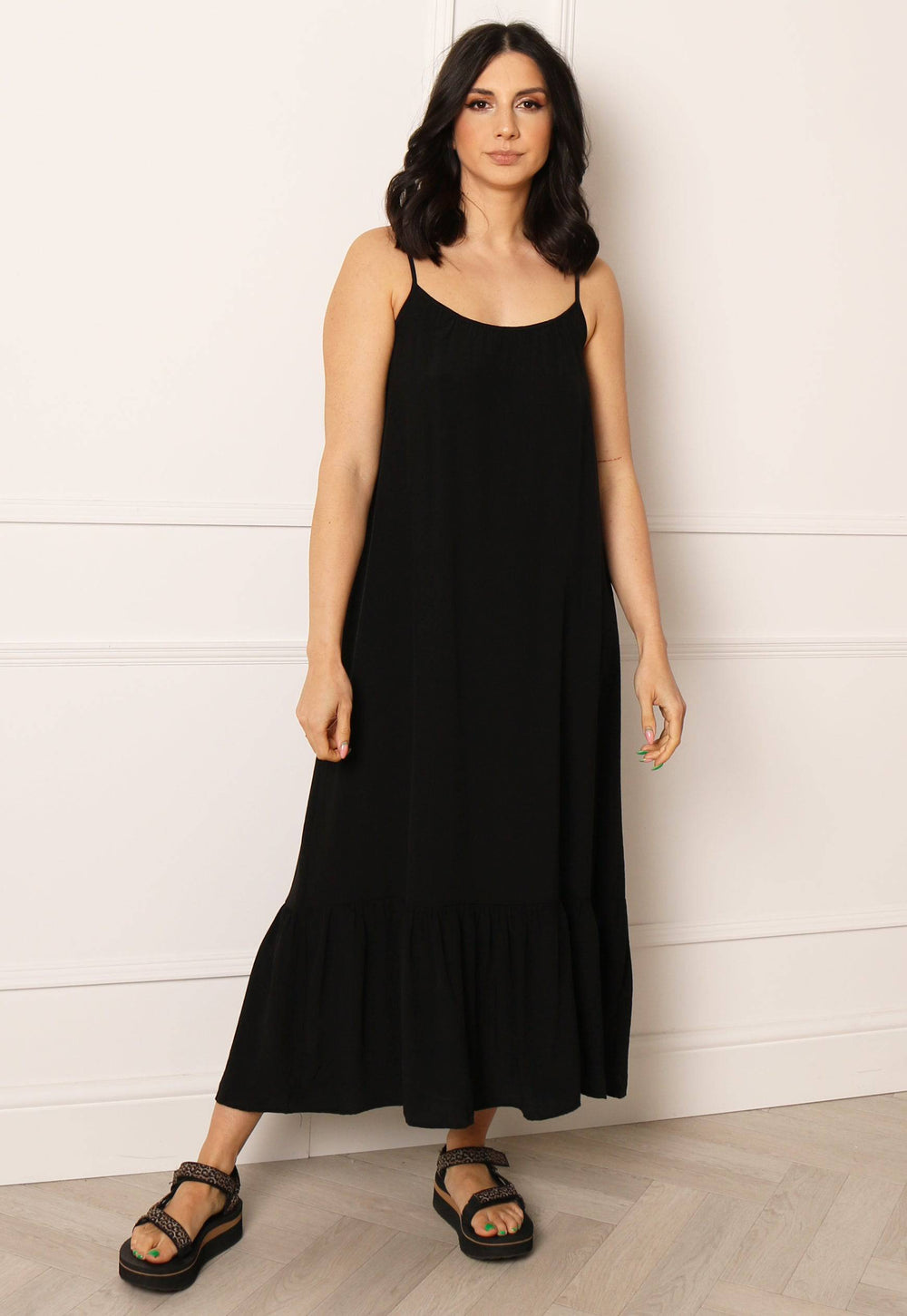 ONLY Missy Strappy Frill Hem Loose Fit Midi Dress in Black - One Nation Clothing