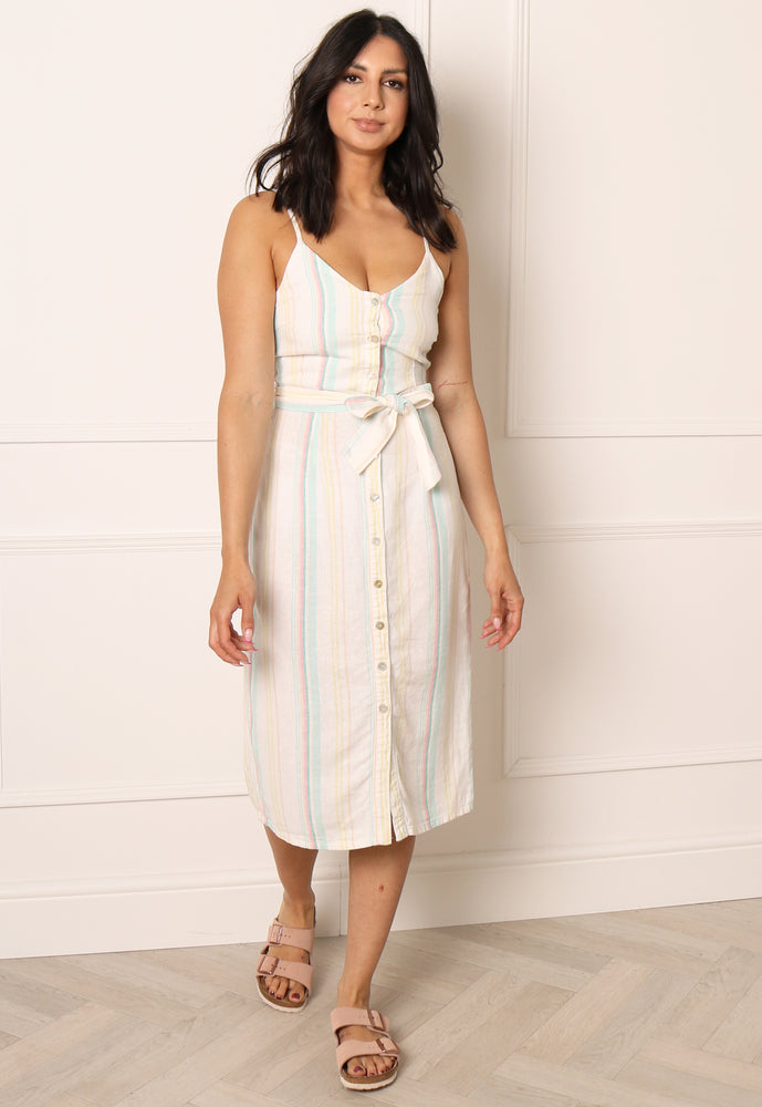 
                  
                    ONLY Larisa Strappy Stripe Linen Button Through Midi Dress in Pastel Tones - One Nation Clothing
                  
                