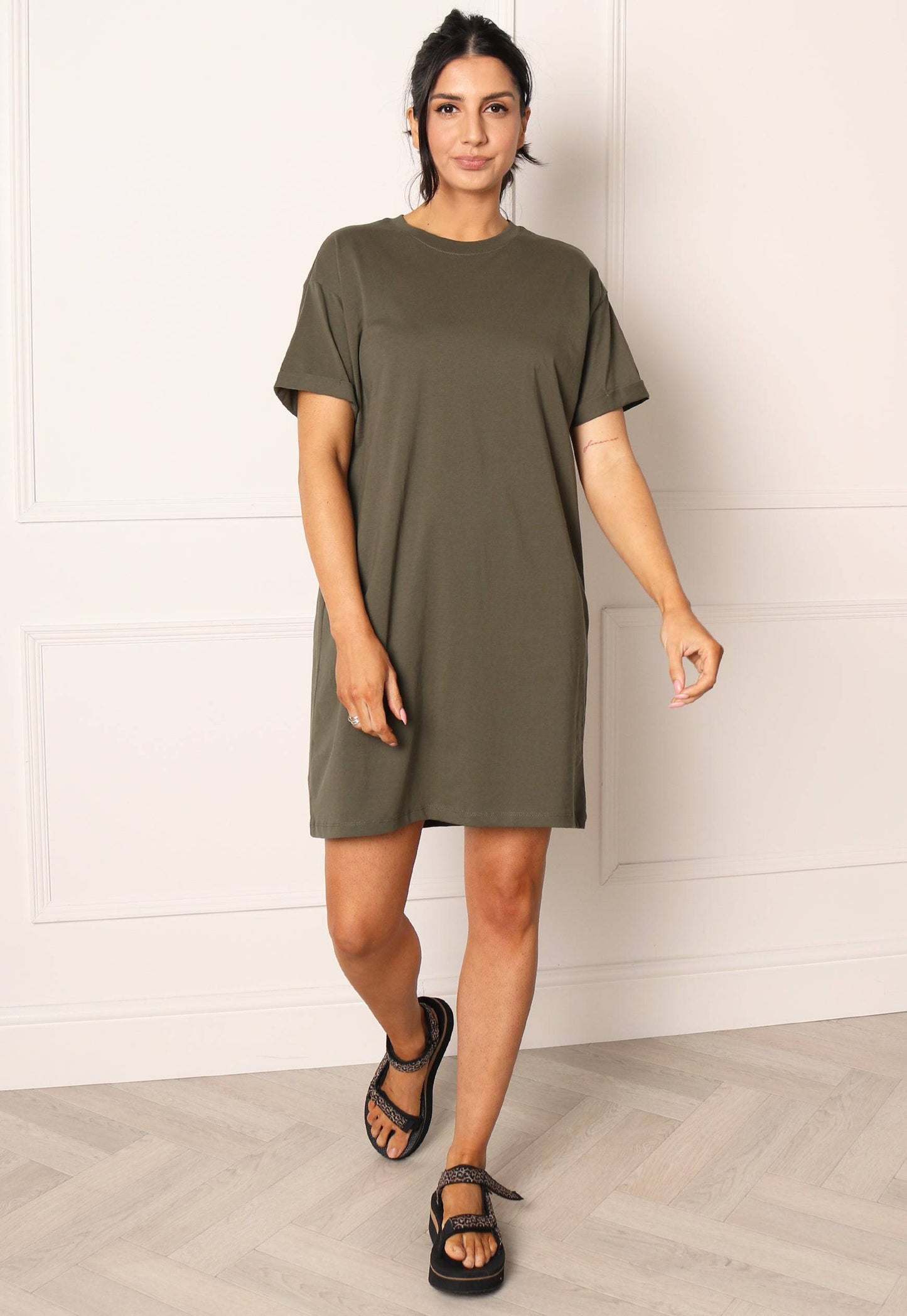 PIECES Ria Cotton T-Shirt Dress in Khaki - One Nation Clothing