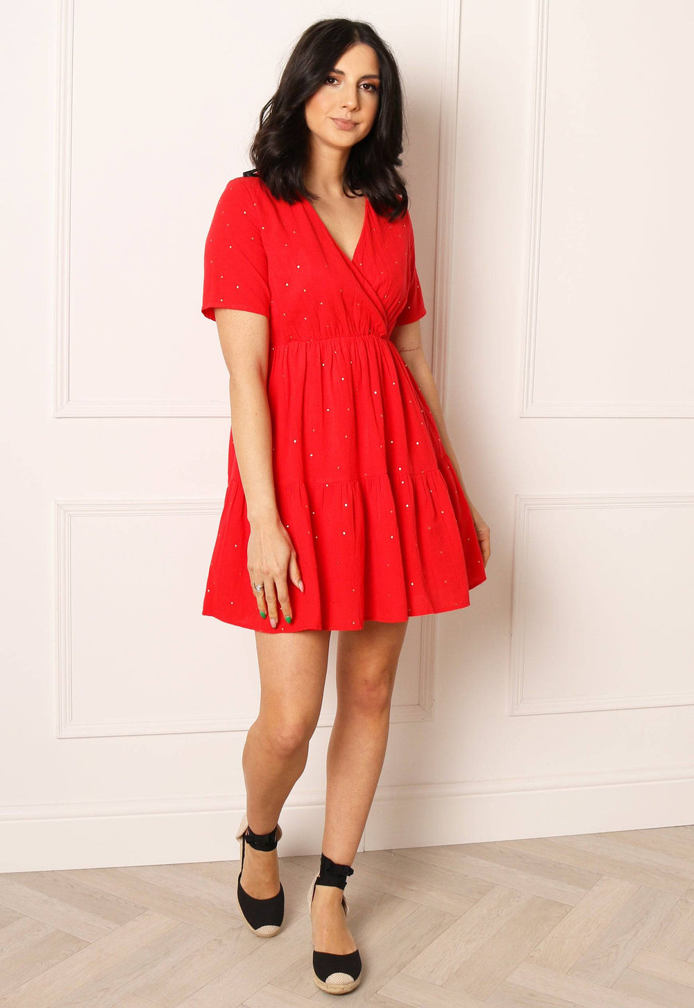 PIECES Vianna Linen Short Sleeve Mini Wrap Dress in Red with Gold Spots - One Nation Clothing