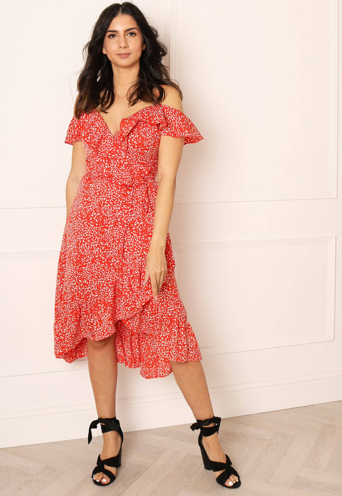 
                  
                    Printed Cold Shoulder Frill Wrap Midi Dress in Red & White - One Nation Clothing
                  
                