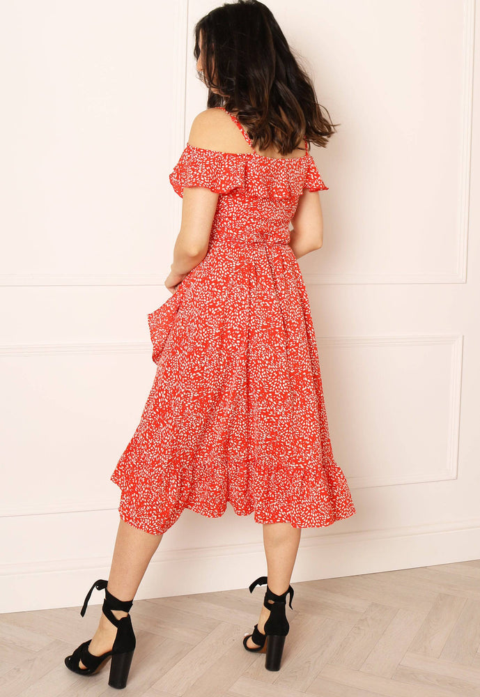 Printed Cold Shoulder Frill Wrap Midi Dress in Red & White - One Nation Clothing