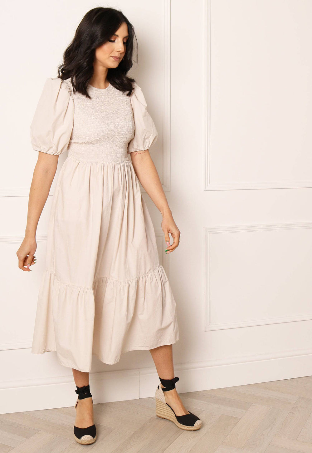 ONLY Shirred Top Cotton Tiered Midi Dress in Soft Beige - One Nation Clothing
