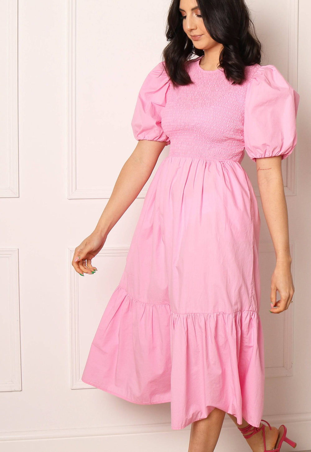 ONLY Shirred Top Cotton Tiered Midi Dress in Pink - One Nation Clothing