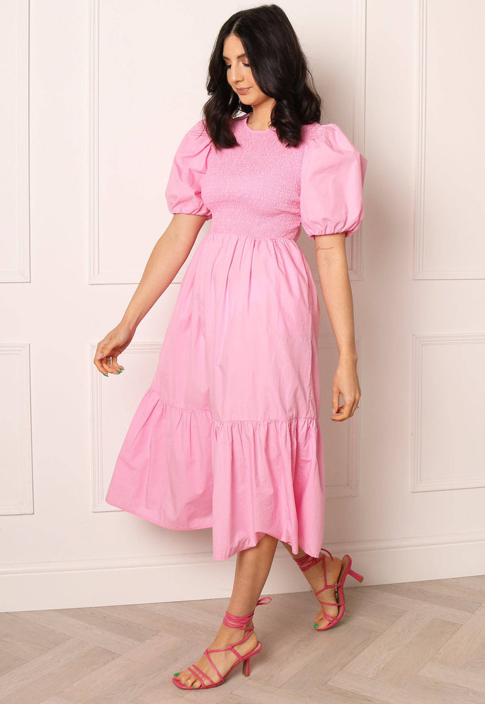 
                  
                    ONLY Shirred Top Cotton Tiered Midi Dress in Pink - One Nation Clothing
                  
                