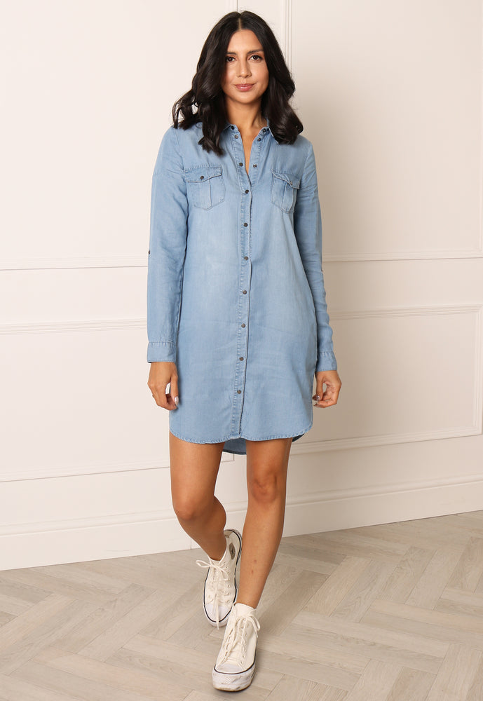VERO MODA Silla Tencel Denim Button Mini Shirt Dress with Three Quarter Sleeves in Blue - One Nation Clothing