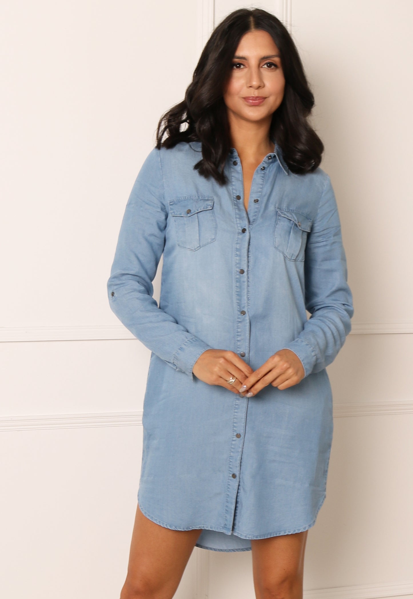VERO MODA Silla Tencel Denim Button Mini Shirt Dress with Three Quarter Sleeves in Blue - One Nation Clothing
