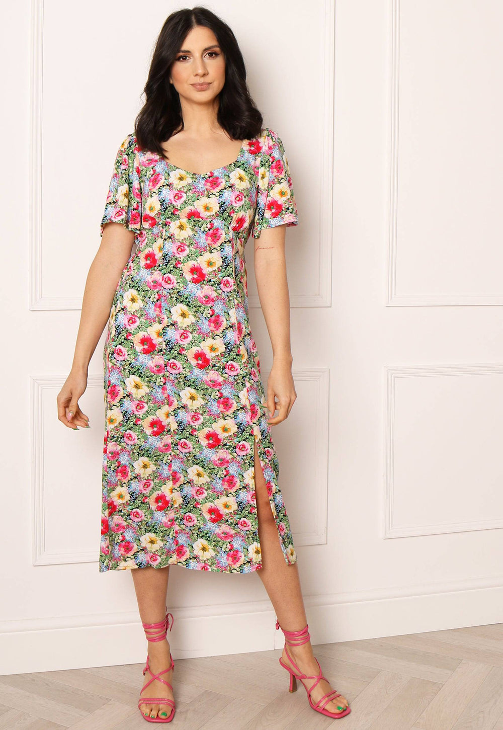 VERO MODA Easy Floral Print Sweetheart Neckline Midi Tea Dress in Pink, Yellow & Green - One Nation Clothing