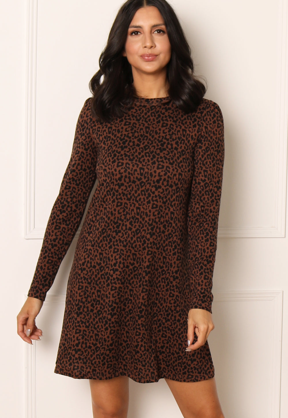 JDY Tonsy Leopard Print Swing Mini Dress in Brown & Black - One Nation Clothing