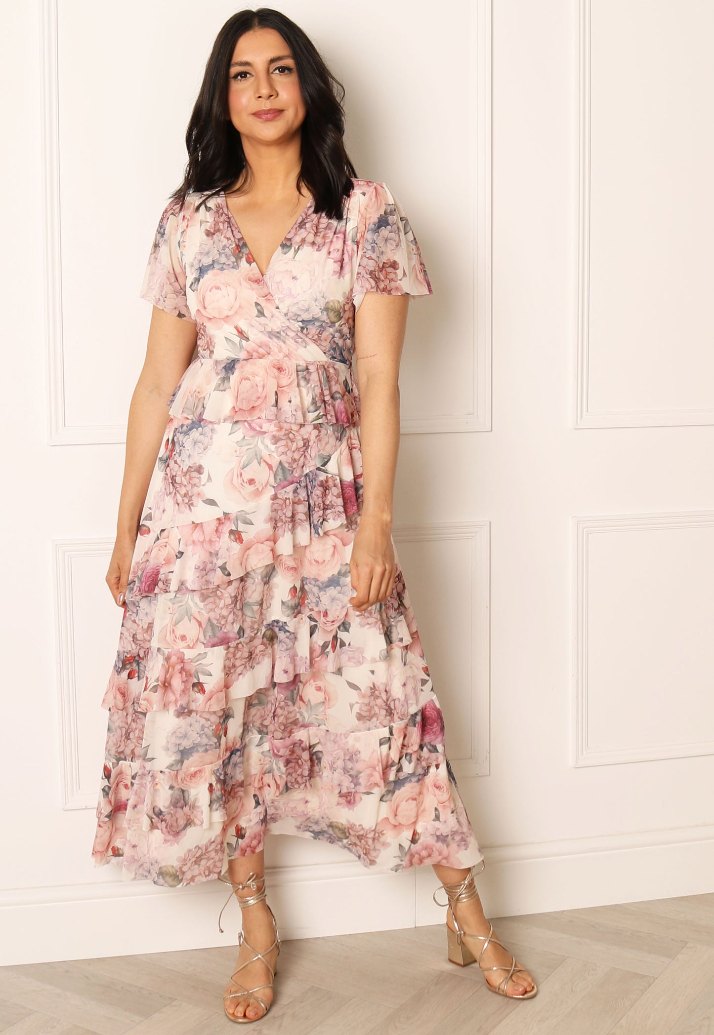 
                  
                    VERO MODA Blair Floral Print Wrap Top Tiered Midi Dress in Pink & Cream Tones - One Nation Clothing
                  
                