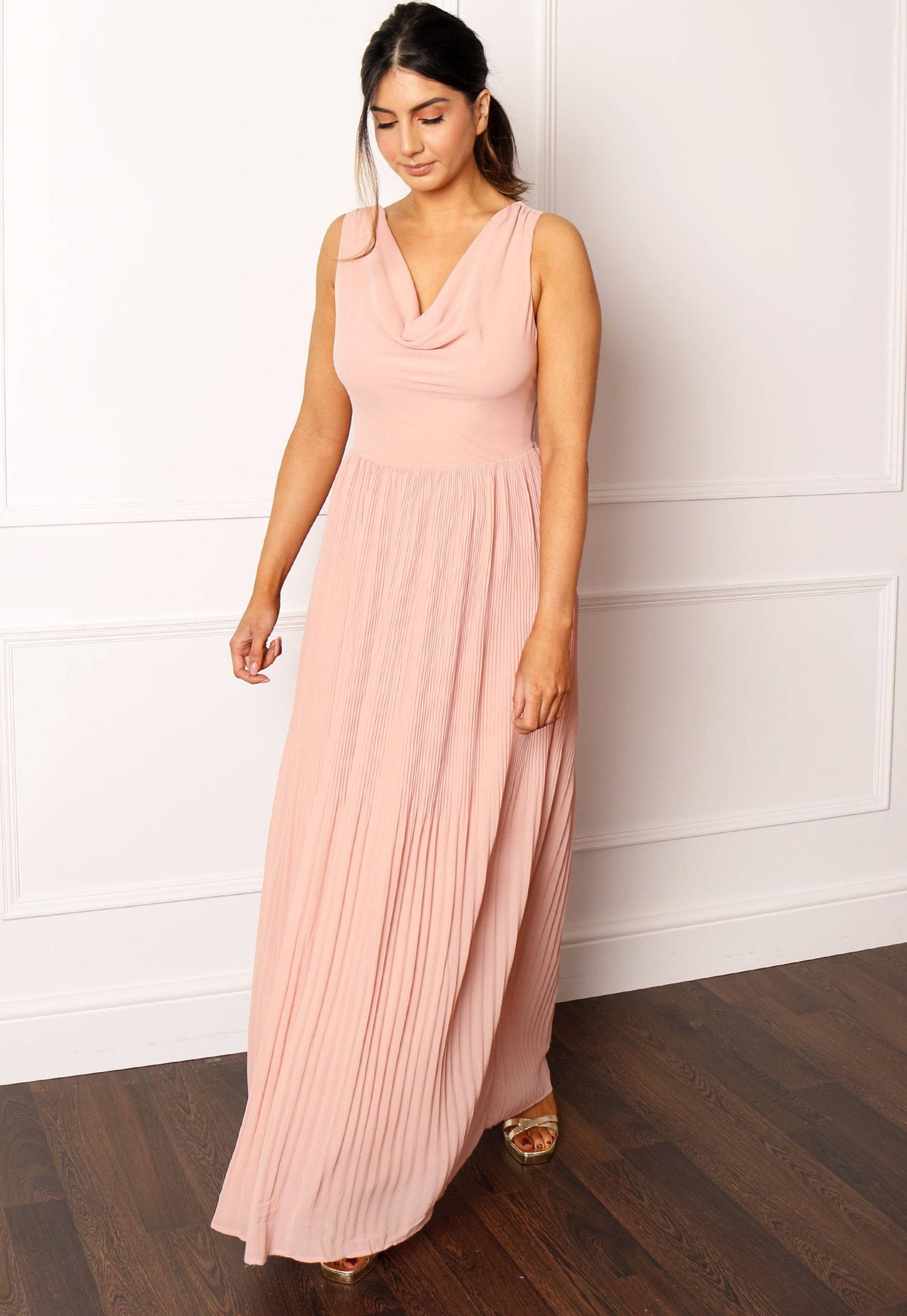 VILA Cowl Neck Pleated Maxi Dress in Dusky Pink - One Nation Clothing