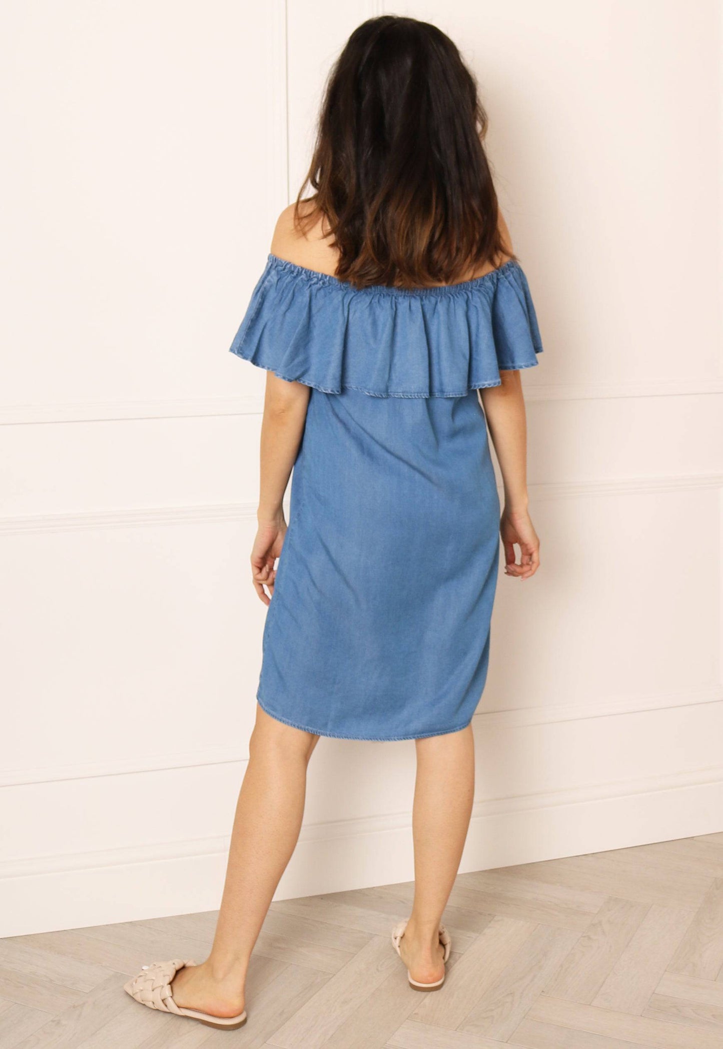
                  
                    VILA Off The Shoulder Bardot Ruffle Top Mini Shift Dress in Denim Blue - One Nation Clothing
                  
                
