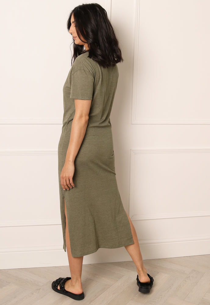 
                  
                    VILA Linna Midi T-shirt Dress with Side Splits in Khaki Green - One Nation Clothing
                  
                